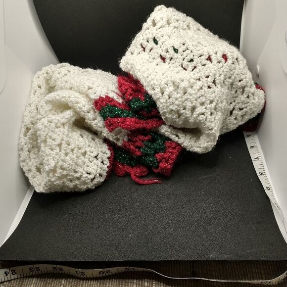 Hand Crafted Table Runner Crochet Long Sparkling Rectangle 62 inch White Red - Picture 6 of 15